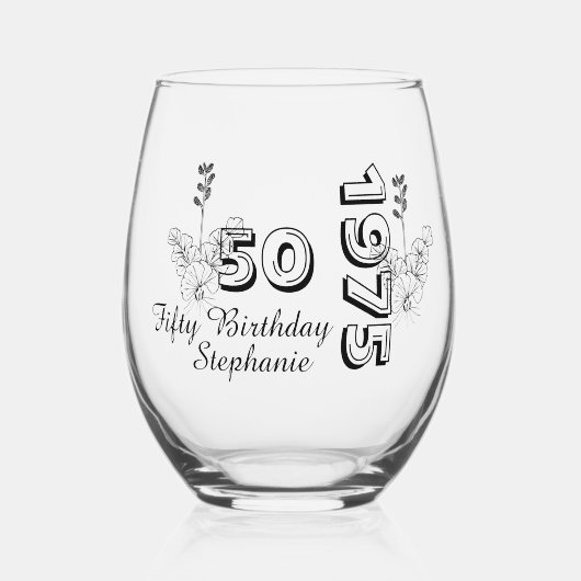 Personalized 50th floral birthday  wijnglas zonder voet (Voorkant)