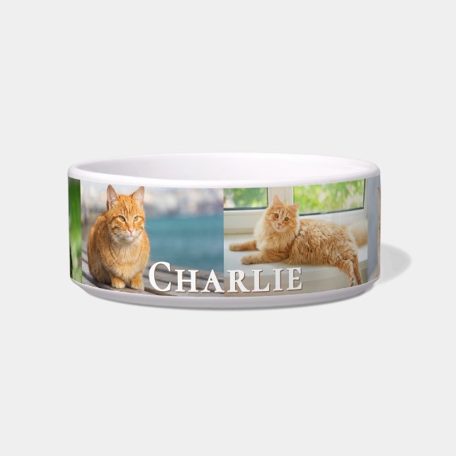 Personalized 6 Photo Pet Name Collage Ceramic Cat Voerbakje (Voorkant)