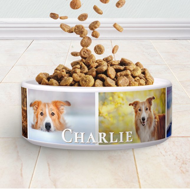 Personalized 6 Photo Pet Name Collage Ceramic Dog Voerbakje (A personalized dog bowl with collage of 6 photos and pet's name in elegant lettering)