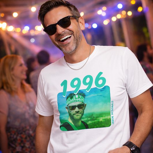 Personalized 90s Birthday Shirt, Neon Blue Photo T-shirt