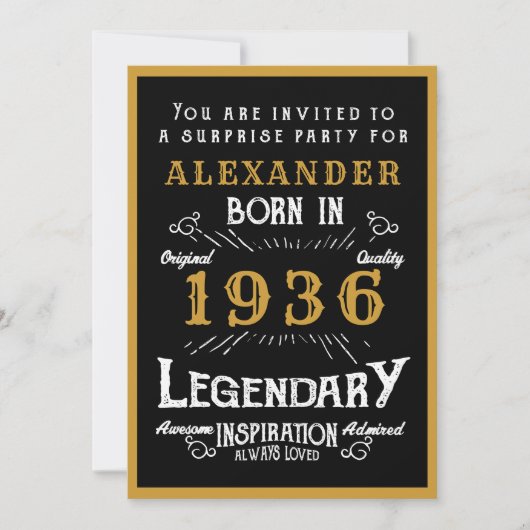 Personalized 90th Birthday 1936 Black Gold Legend Kaart (Voorkant)