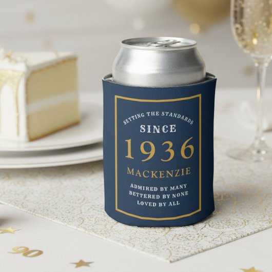 Personalized 90th Birthday 1936 Elegant Blue Gold Blikjeskoeler