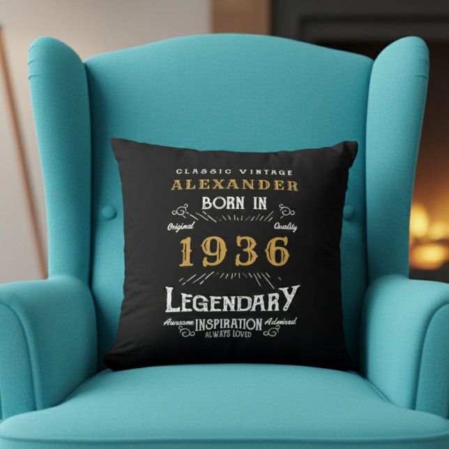 Personalized 90th Birthday Born 1936 Legend Black Kussen (Born 1936 throw pillow on a blue chair.)