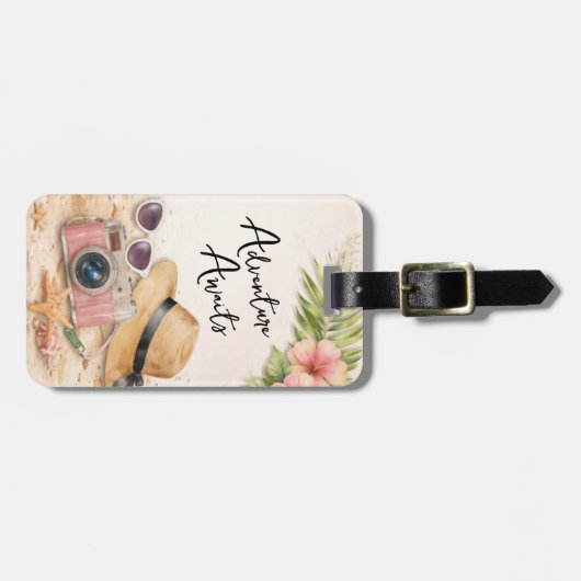 Personalized Adventure Awaits Tropical Floral Bagagelabel (Voorkant horizontaal)