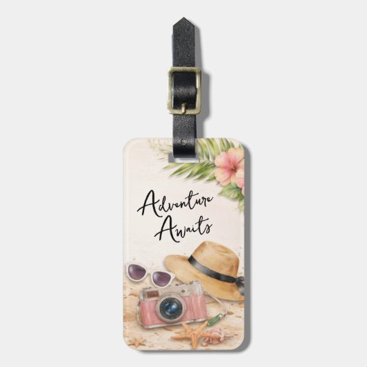 Personalized Adventure Awaits Tropical Floral Bagagelabel (Voorkant verticaal)