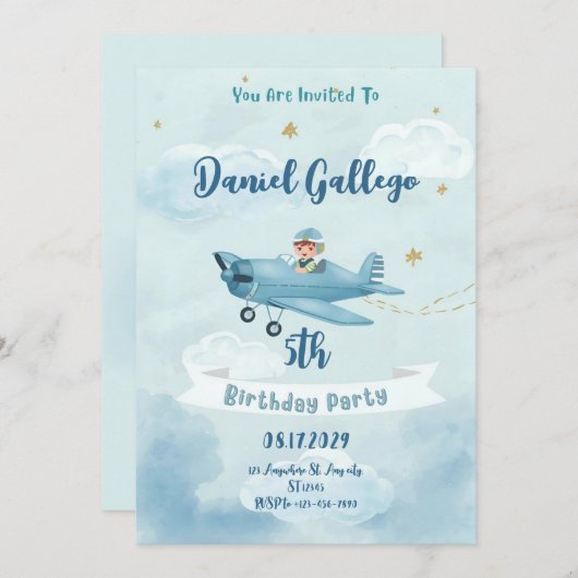 Personalized Airplane Boy Birthday Invitation Kaart (Voorkant / Achterkant)