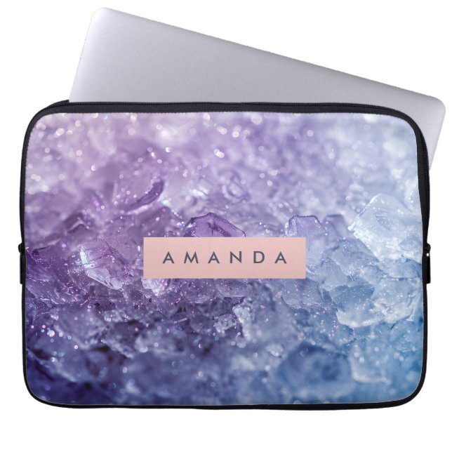 Personalized Amethyst Crystal & Lavender Sparkle Laptop Sleeve (Voorkant)