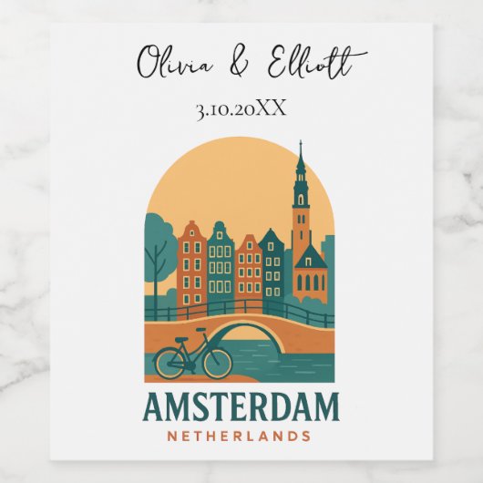 Personalized Amsterdam Netherlands Wedding Retro Wijn Etiket (Enkel label)