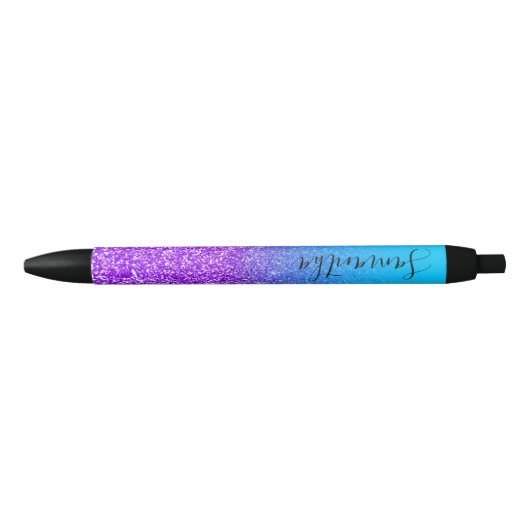 Personalized Aqua Blue Violet Glitter Zwarte Inkt Pen (Voorkant)