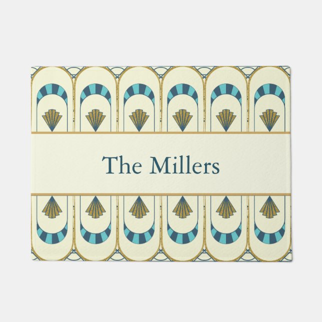 Personalized Art Deco Teal & Gold Geometric Deurmat (Voorkant)
