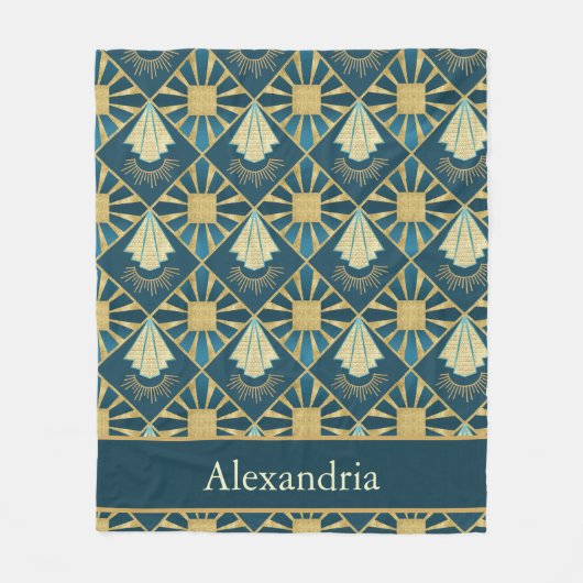 Personalized Art Deco Teal & Gold Geometric Name  Fleece Deken (Voorkant)