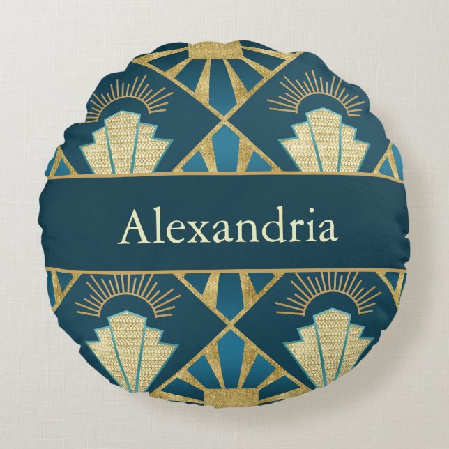 Personalized Art Deco Teal & Gold Geometric Name  Rond Kussen (Voorkant)