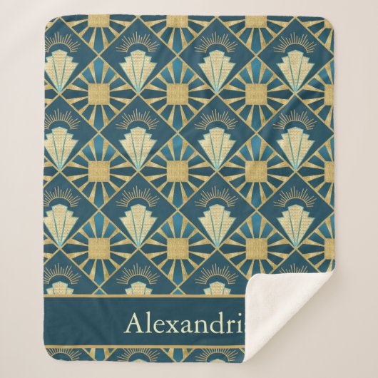 Personalized Art Deco Teal & Gold Geometric Name  Sherpa Deken (Voorkant)
