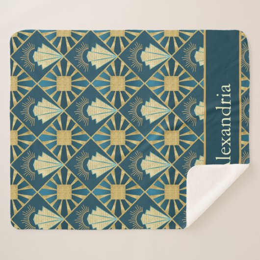 Personalized Art Deco Teal & Gold Geometric Name  Sherpa Deken (Voorkant (horizontaal))