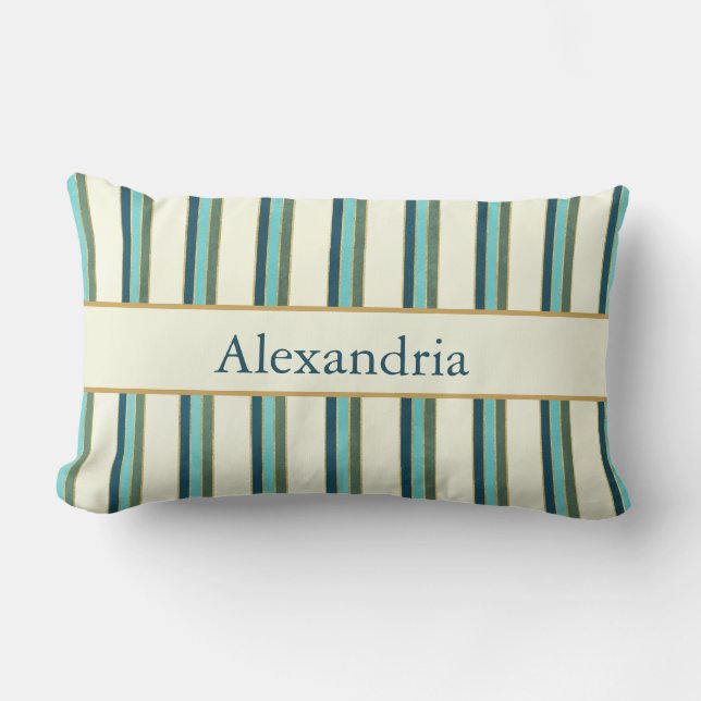 Personalized Art Deco Teal & Gold Stripes Kussen (Voorkant)