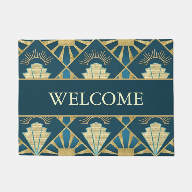 Personalized Art Deco Teal & Gold Welcome Deurmat (Voorkant)