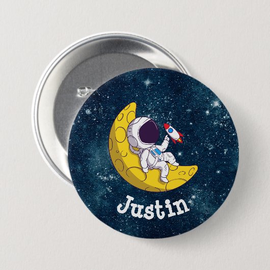 Personalized Astronaut on Moon with Rocket Ronde Button 7,6 Cm (Voorkant /achterkant)
