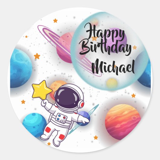 Personalized Astronaut & Planets Party Stickers (Voorkant)