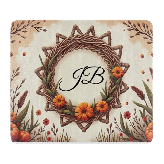 Personalized Autumn Wreath Glass Cutting Board Snijplank (Voorkant)