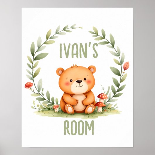Personalized Baby Bear Watercolor Woodland Nursery Poster (Voorkant)