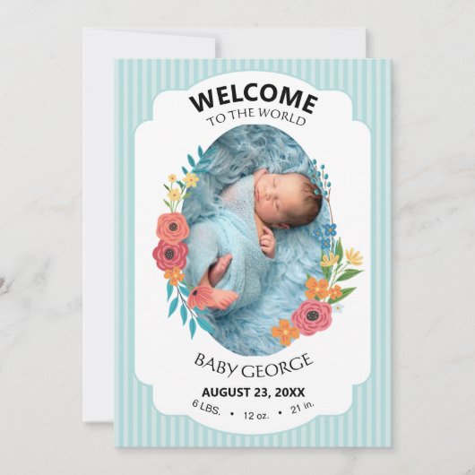 personalized baby blue floral Birth announcements (Voorkant)