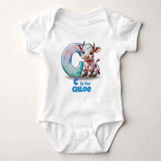 Personalized Baby Bodysuit – C is for Cow (Voorkant)