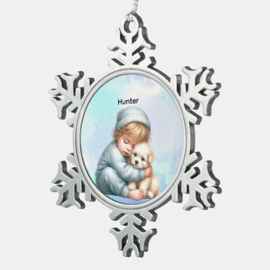 Personalized Baby Cuddling Puppy Snowflake Tin Sneeuwvlok Ornament (Rechts)