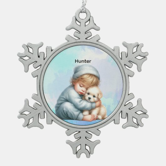 Personalized Baby Cuddling Puppy Snowflake  Tin Sneeuwvlok Ornament (Voorkant)