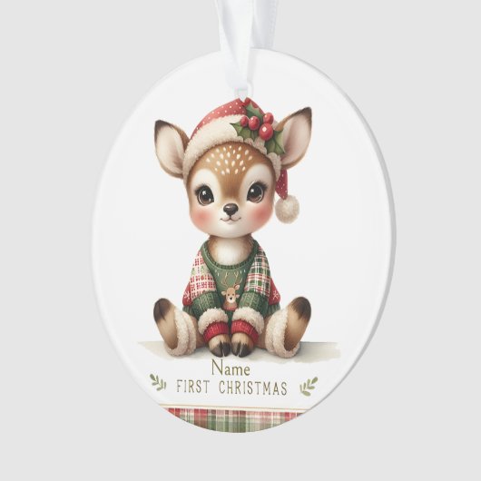 Personalized Baby Deer in Plaid Sweater Ornament (voorkant)