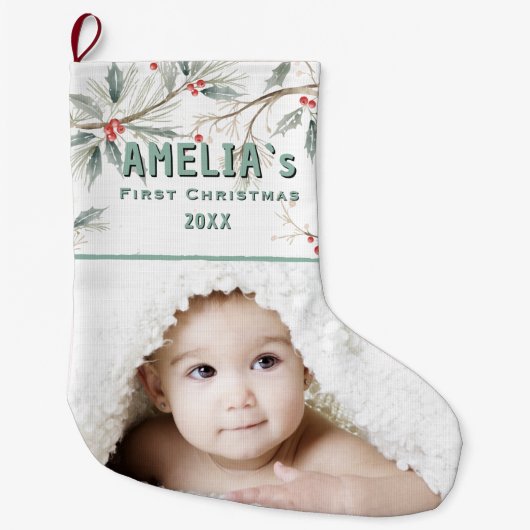 Personalized Baby First Christmas Berry Photo Grote Kerstsok (Voorkant)