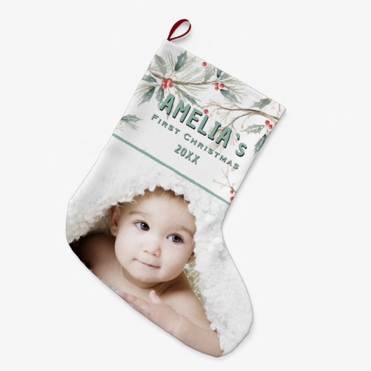 Personalized Baby First Christmas Berry Photo Grote Kerstsok (Voorkant (Hangend))