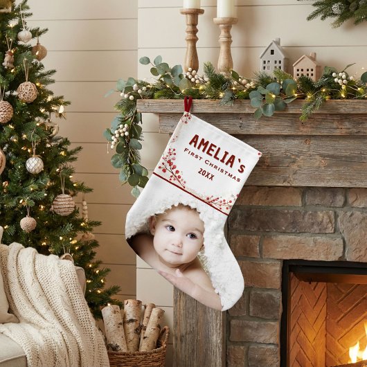 Personalized Baby First Christmas Berry Photo Grote Kerstsok