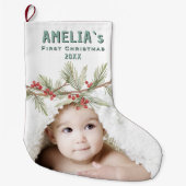 Personalized Baby First Christmas Berry Photo Grote Kerstsok (Voorkant)