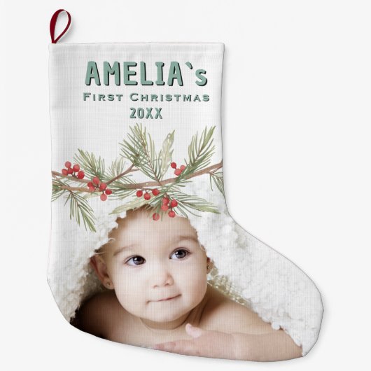Personalized Baby First Christmas Berry Photo Grote Kerstsok (Voorkant)