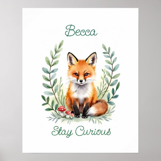 Personalized Baby Fox Watercolor Woodland Nursery  Poster (Voorkant)