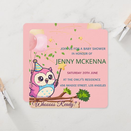 Personalized Baby Shower Invitation, Owl Design Kaart (Voorkant / Achterkant in situ)