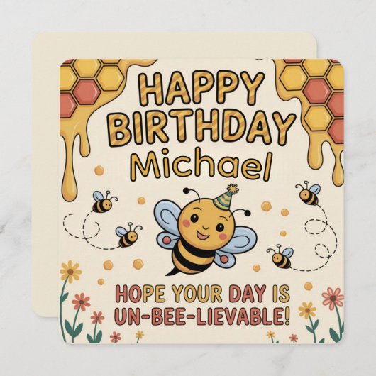 Personalized Bee Birthday Card - Honeycomb Theme Kaart (Voorkant / Achterkant)