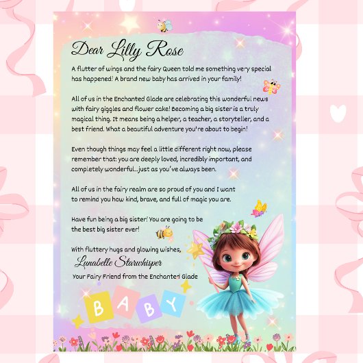 Personalized Big Sister Fairy Letter – New Baby Kaart