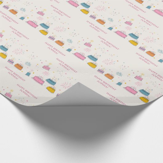 Personalized Birthday Cakes & Doodle Confetti Cadeaupapier (Hoek)