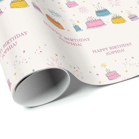 Personalized Birthday Cakes & Doodle Confetti Cadeaupapier (Rol Hoek)