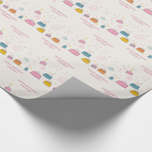 Personalized Birthday Cakes W/Confetti & Fireworks Cadeaupapier (Hoek)