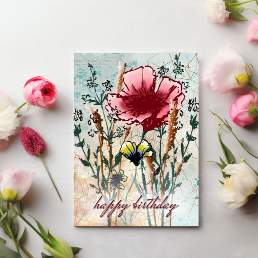 Personalized Birthday Card Mixed Media Wildflower  Kaart