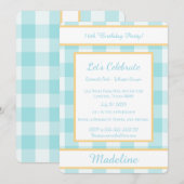Personalized Birthday Gingham Blue Invitation Kaart (Voorkant / Achterkant)