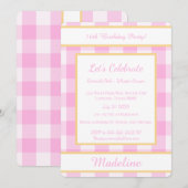 Personalized Birthday Gingham Pink Invitation Kaart (Voorkant / Achterkant)