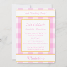 Personalized Birthday Gingham Pink Invitation Kaart