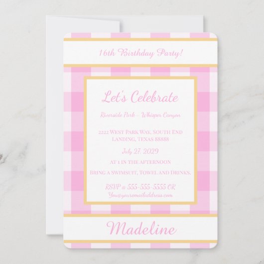 Personalized Birthday Gingham Pink Invitation Kaart (Voorkant)