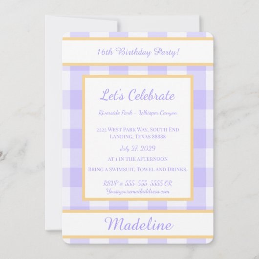 Personalized Birthday Gingham Purple Invitation Kaart (Voorkant)