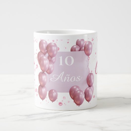 Personalized birthday mug, pink balloons grote koffiekop (Voorkant)