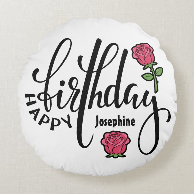 Personalized Birthday Pink Rose  Rond Kussen (Voorkant)