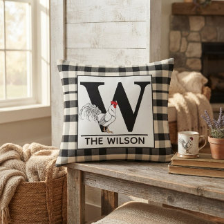Personalized Black and White Buffalo Plaid Rooster Accent Kussen